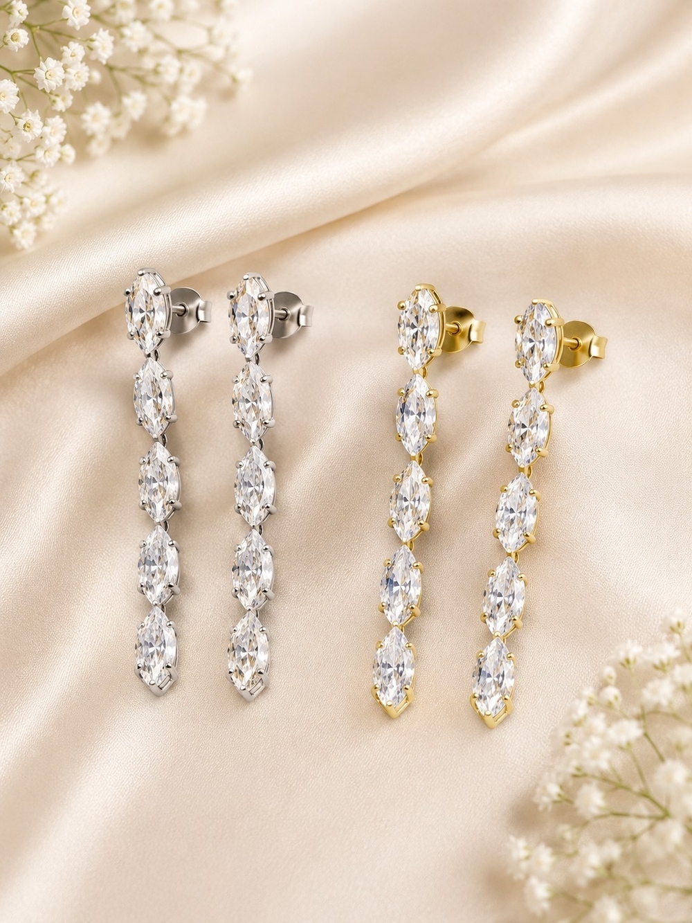 Marquise Crystal Linear Drop Earrings in Gold and Silver